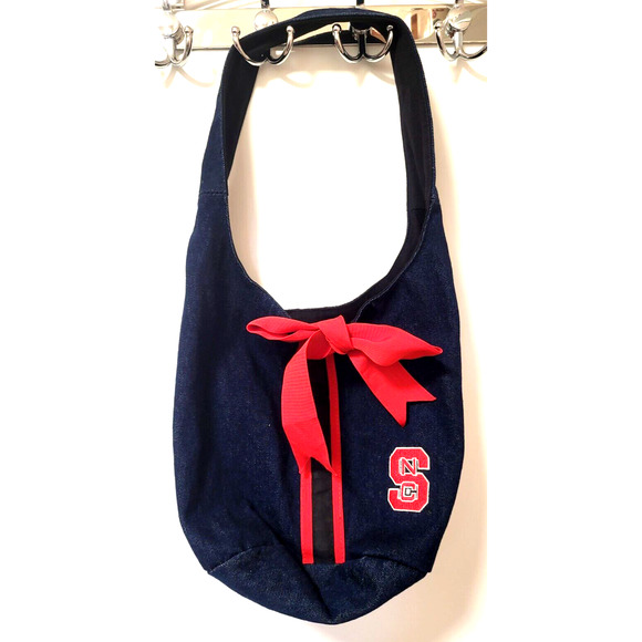 NC STATE Denim Bucket Shoulder Bag Logo Red Bow Magnet Close Inner Zipped Pocket - Picture 1 of 8